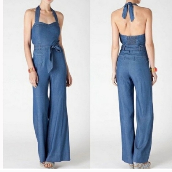 Anthropologie Pants - Elevenses Anthropologie Blue Wide Leg Halter Jumpsuit 70s Boho Retro